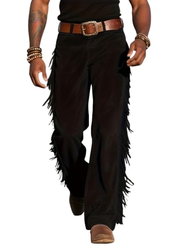 ORANDESIGNE Cowboy Hose Herren Western Hose mit Quasten Ntage Mottoparty Fasching Karneval Kostüm A Schwarz M