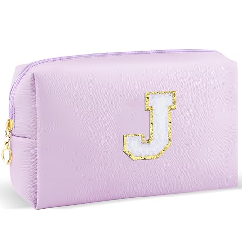 URSKYTOUS Gifts for Girls Initial Makeup Bag Personalized Cosmetic Bag with Zipper Cute Travel Toiletry Bag Waterproof PU Preppy Makeup Pouch Birthday Gift for Teen Girls Women(Purple J)