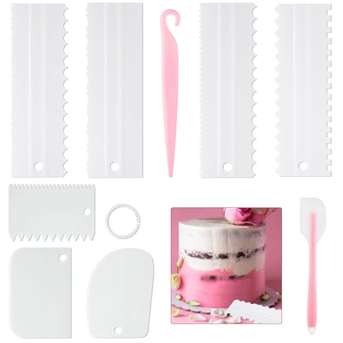 9PCS Cake Scraper Set with Cake Scraper Smoother Set, Adjustable Icing Scraper Polisher Tool, Cake Decorating Comb, Icing Smoother Plastic Sawtooth,Cake Icing Kitchen Baking Cake Edge(White)