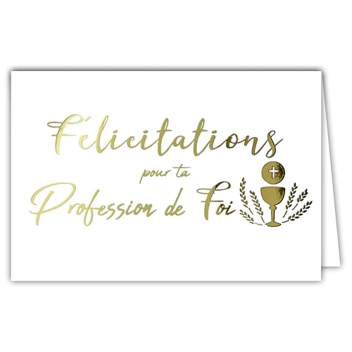 68-6602 Carte Félicitations pour ta Profession de Foi pour Garçon Fille Chrétien(ne) Catholique Grande Communion Coupe en Or Doré Brillant - Avec Enveloppe Blanche...