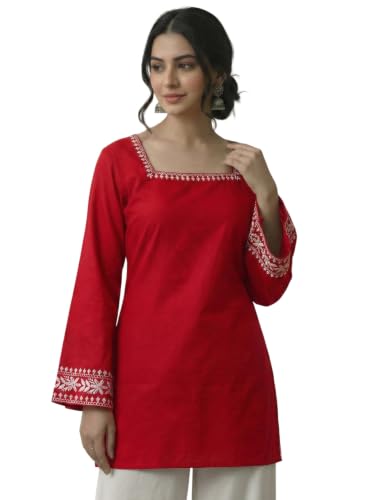 Image of MAHIRA'S Comfort Women's Short Kurti, Rayon Tunic Top with 3 /4 Embroidered Designer Sleeves | Soft Breathable Fabric | Office & Casual Kurti for Jeans, Leggings & Trousers
