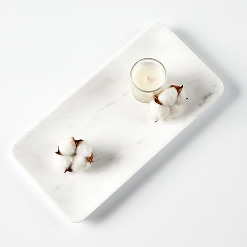 White Marble Tray, Genuine Marble Vanity Tray, 12 x 6 x 0.75 Inch Rectangular Countertop Organizer, Elegant Texture Storage Platter for Bathroom, Kitchen, Coffee Table, Home Decor