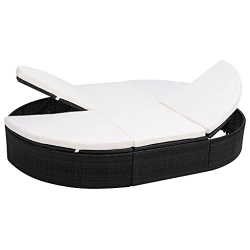 Sofa i łóżko z polirattanu, 2-osobowa sofa ogrodowa ze stalowym stelażem, łóżko dzienne, łóżko outdoorowe z tapicerką, polirattan, kolor czarny