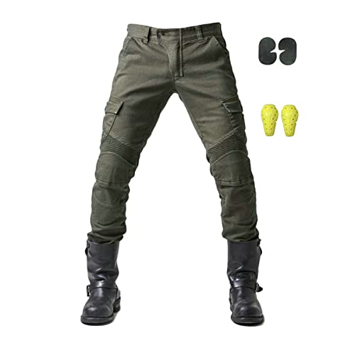 NUNOMO Pantaloni da moto, Pantaloni protettivi da Uomo, Usura con 2 Paia di Protezioni per Fianchi e Ginocchia, Protezione Rinforzato Ginocchio Anca Pads (Verde,S)