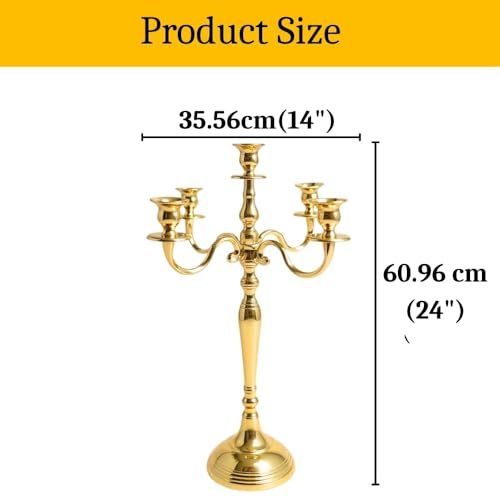 Image of Decorative Aluminum Gold Plated Five Arm Candle Holder Stand | Candelabra | Candlesticks Holder for Home & Hall Decore (14 inch * 14 inch * 24 inch)(Size:Large)