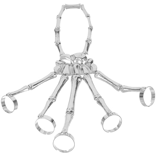 Happyyami Skeleton Hand Bracelet with Fingers Ring Punk Skull Wristband Exaggerated Metal Skull Finger Bone Joint Bracelet for Party Gifts Jewelry Silver