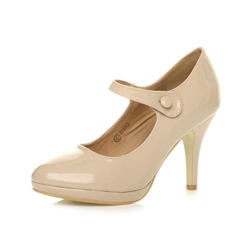 Womens Ladies mid high Heel Mary Jane Strap Evening Court Shoes Pumps , Nude Patent, 7 UK