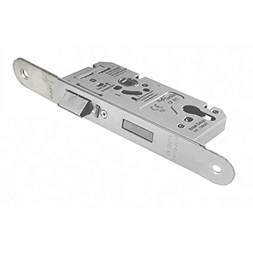 Image of DIN Euro Profile Escape Lock - Radius Forend - 60mm Backset - Satin Steel