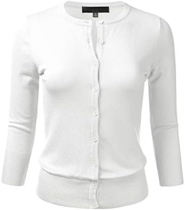 FLORIA Women's Button Down 3/4 Sleeve Crew Neck Knit Cardigan Sweater White M
