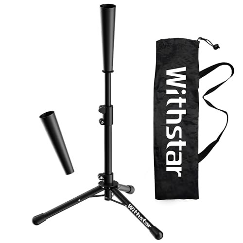 WithStar Foldable Baseball Tee for Adults, Height Adjustable from 29.5 to 44.5 Inches, Portable Batting Tee with Rubber Top, Baseball Hitting Tripod for Adults/Teens/Kids(Black-Foldable)