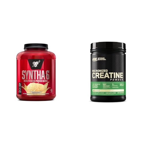BSN SYNTHA-6 Whey Protein Powder with Micellar Casein, Milk Protein Isolate Powder & Optimum Nutrition Micronized Creatine Monohydrate Powder, Unflavored, Keto Friendly, 60 Serving
