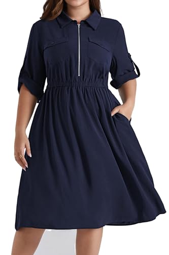 Hanna Nikole Damen Große Größen A Linien V-Ausschnitt Revers Midikleide Verstellbare 3/4 Ärmel Freizeitkleid Elastische Taille Casual Kleider Mit...