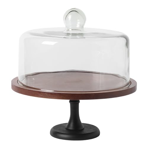 Wooden Cake Stand with Dome Lid, 25.5 CM Round Cake Plate with Cover, Rustic Dessert Display Stand for Wedding, Party, Baby Shower, Birthday, Kitchen Counter