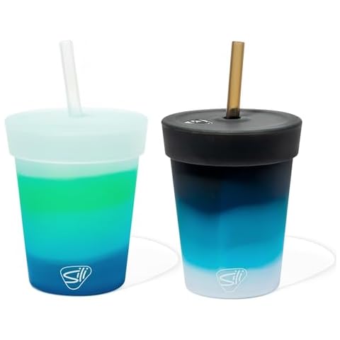 Silipint: Silicone Kids 8oz Straw Tumblers: 2 Pack - Moon Beam & Mountain Air -Unbreakable Cups, Sustainable, Airtight Lid, Flexible Cover
