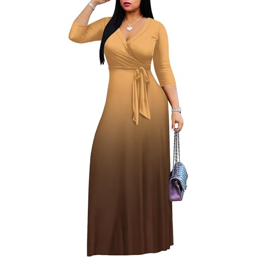 Image of PinkPatty Women's Plus Size Maxi Dresses Casual Flowy 3 /4 Sleeves Dress Printed Vacation Dress for Daily Wear with Belt
