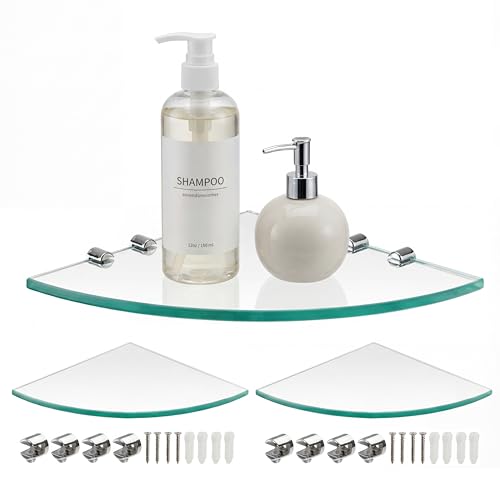 Kingrol 3 Pack Glass Bathroom Shower Shelves, Extra Thick Wall Mounted Shelves, Clear Floating Corner Shelves for Kitchen, Bathroom, Living Room, Office