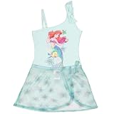 Disney The Little Mermaid Girls Swimsuit Set, One Piece Shoulder Bow Ariel Bathing Suit and Coverup Skirt, Swimwear for Kids (Aqua, Size 5)