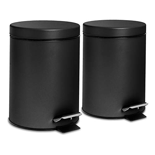 Harbour Housewares 3L Bathroom Bins - Matte Black - Pack of 2 - Round Stainless Steel Pedal Bin Slim Kitchen Rubbish Trash Can Garbage Dustbin with Lid and Inner Bin Liner Bucket