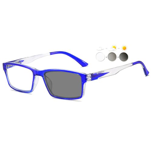 KOOSUFA Photochromic Reading Glasses Blue Light Blocking Sun Readers UV Protection Spring Hinge Full Lens Reading Sunglasses for Men Women 3 in 1 Lenses Darken In Sunlight Blue, +0.5