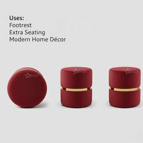 Image of Round Single Strip Upholstered Stool Living Room Foot Rest Linen Fabric Padded Seat Pouf Ottoman Office Stool RED