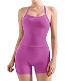 SUUKSESS Women 2 Piece Workout Sets High Waisted Tummy Control Biker Shorts Halter Padded Tank Tops Racerback Sports Bras (Hot Pink, M)