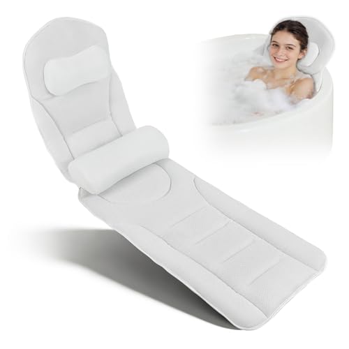 Cuscino per Vasca da Bagno per Tutto il Corpo, Tappetino Completo da Bagno 131x38cm con Poggiatesta e Cuscinetto Lombare Rimovibile, Supportare Testa, Collo, Schiena, Asciugatura Rapida(Bianco)