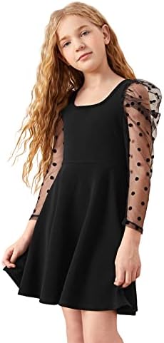 WDIRARA Girl's Polka Dots Mesh Puff Long Sleeve Ruffle Hem A Line Dress Black 8Y