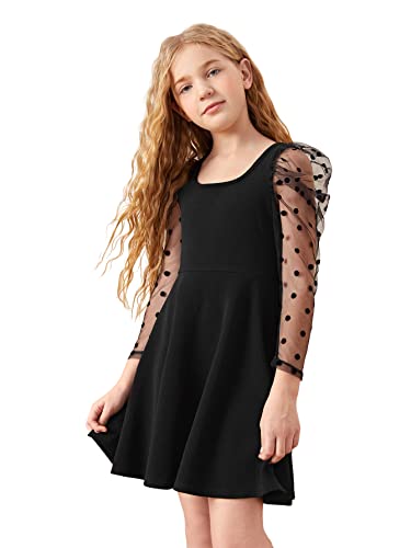 Wdirara Girl's Polka Dots Mesh Puff Long Sleeve Ruffle Hem A Line Dress Black 8Y #TOP28