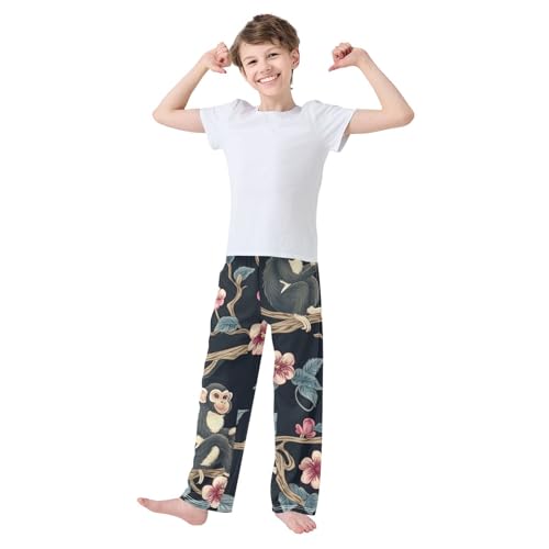 Monkey Plum Flowers Boys Long Pants Soft Trousers Elastic Waist Kids Lounge Bottoms with Pockets S-XL3