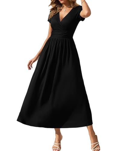 Gracyoga 2025 Summer Casual Wrap Dresses Flowy Elegant Evening Empire Waist Dress Black Short Sleeve Elegant V Neck Fall Outfits M