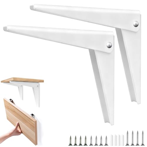 Image of Folding Shelf Brackets 8 Inch (2 Pack) – Heavy Duty White Metal Wall Mounted Folding Shelf Supports with Screws – Space Saving Collapsible Brackets for Table, Workbench, Kitchen, and Laundry Room