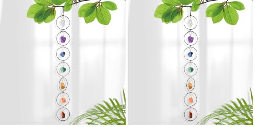7 Chakra Wall Hanging Decor - Natural Raw Crystal Gemstone for Healing, Chakra Balancing, Meditation Gifts, Indoor Outdoor Spiritual Home Decoration (Silver Round) (Pack of 2)