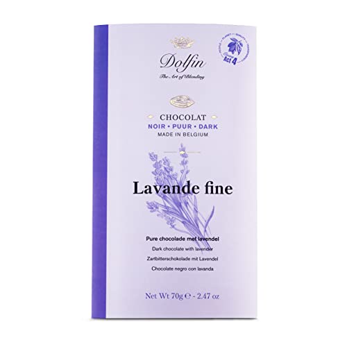 Dolfin Chocolat Noir & Lavande - Chocolat Tablette Riche & Crémeux, Vrai Morceaux de Lavande - Idée Cadeau Anniversaires, Fêtes, Saint-Valentin - Chocolat Gourmet - Fait en Belgique, 70g