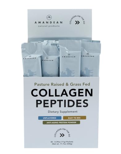 AMANDEAN Collagen Peptides Powder Packets | 30 Individual Stick Packs | Grass-Fed Hydrolyzed Collagen Protein | Unflavored, Easy to Mix | Travel Friendly | Promotes Healthy Gut, Skin, Hair, Nails.