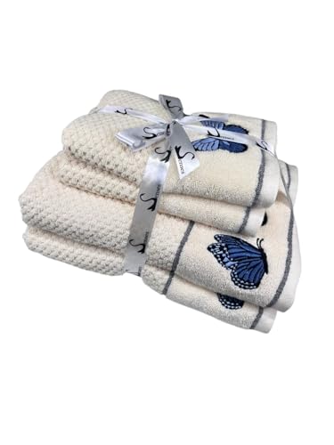 Image of SENSES By Riba Cotton Embroidered Towel Set, 550 GSM Soft & Absorbent, Antimicrobial, Oeko-Tex Certified | Ideal for Home & Gifting, Pack of 4 (2 Bath 27 inchX50 inch + 2 Hand Towels 16 inchX26 inch) - Style 11