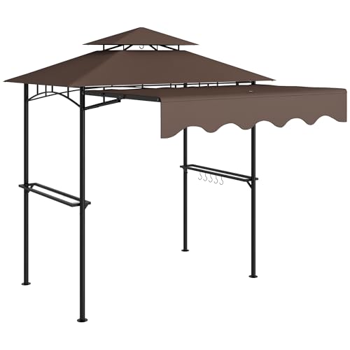 Outsunny 8' x 7.6' Grill Gazebo, Double Tiered Outdoor BBQ Gazebo with Side Awning, 2 Side Shelves and 6 Hooks for Patio, Deck, Yard, Brown