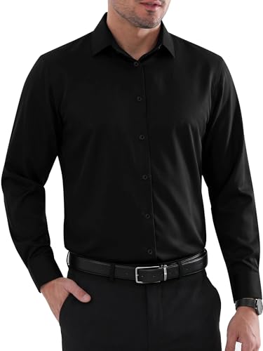 Biodeer Mens Lightweight Relaxed Fit Shirt, Breathable Long Sleeve Wrinkle-Free Button Up, Loose Fit Travel Shirt, Black, Large