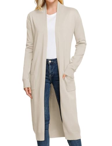 Womens Long Duster Cardigan Knit Cardigan Loose Outwear Coat for Spring and Summer Beige L