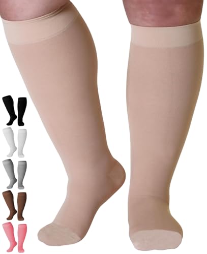 Mojo Compression Socks for Women and Men 20-30mmHg Plus Size - Medical Knee High Compression Stockings with Wide Calf for Flights, Airplane, Nursing - Beige, 5X-Large - AB201