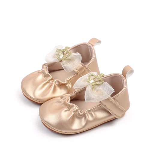 Baby Girls Mary Jane Crown Bowknot Flats Anti-Slip Soft Rubber Sole Toddler Princess Dress Shoes