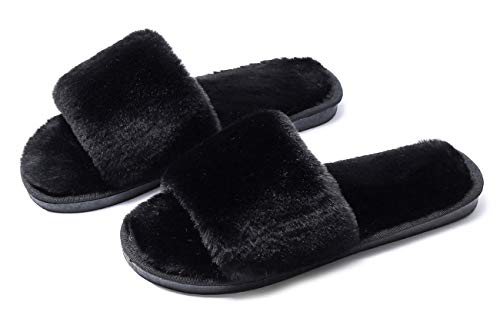 IXITON Ladies Fuzzy Fluffy Furry Fur Slippers,Flip Flop Open Toe Cozy House Slides slippers,Soft Flat Comfy Anti-Slip Slip on plush shoes,3-4,black