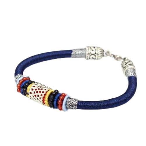 Bracelet tissé main en corde tibétaine bleue et nœud chinois, bijou ethnique femme