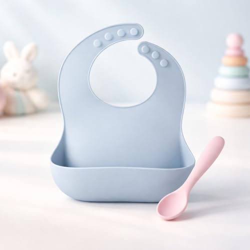 Image of BABYROSE Silicone Baby Bib with Wide Food Catcher Pocket and Soft Tip Spoon, Adjustable Buttons, BPA Free, Waterproof, Blue and Pink, 2 Piece Set for Infants and Toddlers