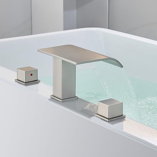 High Flow Deck Mount Tub Faucet Brushed Nickel with Valve 2-Handle Widespread Roman Tub Filler Deck Mounted Bthtub Faucet LLGG Waterfall with Hot & Cold Supply Lines RIGOBAL by RIGOBAL - Image 6
