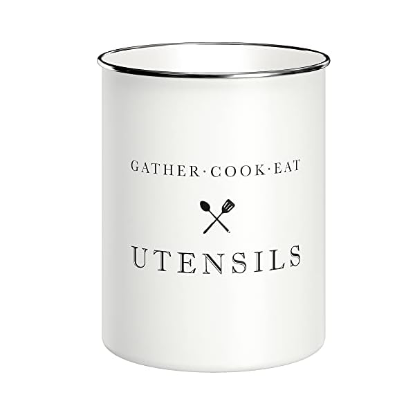 Barnyard Designs White Utensil Holder for Kitchen Countertop, Farmhouse Metal Utensil Crock, Rustic Country Decorative Kitchen Utensil Caddy Large, 5.5x6.75