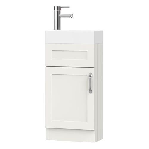 BELOFAY Crawley White 400mm Floor Standing Bathroom Vanity Unit With Basin - Laquered Cloakroom Vanity Unit with 1 Tap Hole Ceramic Basin and Soft Close Hinges. (WASTE INCLUDED)