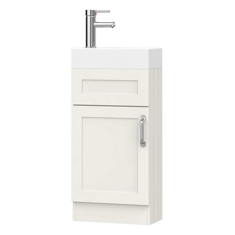 BELOFAY Crawley White 400mm Floor Standing Bathroom Vanity Unit With Basin - Laquered Cloakroom Vanity Unit with 1 Tap Hole Ceramic Basin and Soft Close Hinges. (WASTE INCLUDED)
