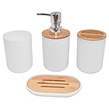 Fenteer Badezimmerzubehör Set-Seifenschale, Lotionsflasche, und Holz, Zahnputzbecher, Bad-Ensemble, zur Dekoration Ordentliches Arbeitsplattendekor, Weiß