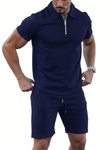 Men's Tracksuit 2 Piece Quarter Zip Sweatsuit Sets Short Sleeve Golf Polo Shirts Summer Shorts Loungewear