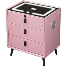 Smart Nightstand with Wireless Charging Station and Speaker,Bedroom Side Table with USB Charging,with Fingerprint Lock,Three-Color LED Light,Modern Bedside Table.,Pink,3 Drawers